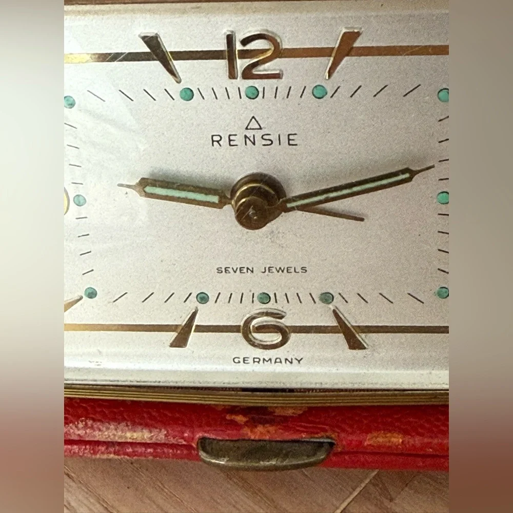Rensie Travel Alarm Clark Rare Vintage Seven Jewels White Dial Red Leather Case